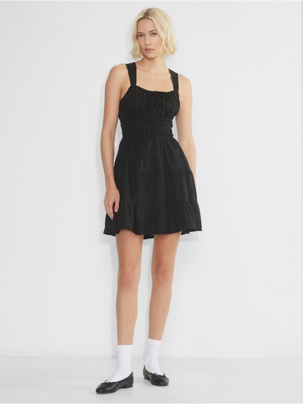 Aritzia Sunday Best NEW Black Martine Poplin Tiered Cotton Mini Dress Size Small